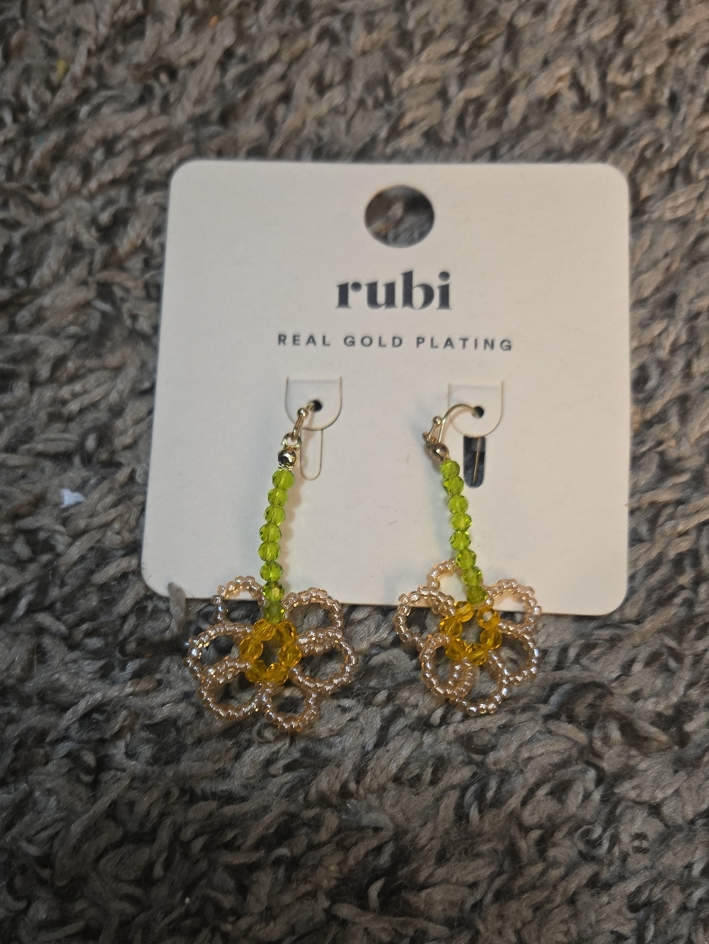 Gold-Plated Green Bead Flower Drop Earrings